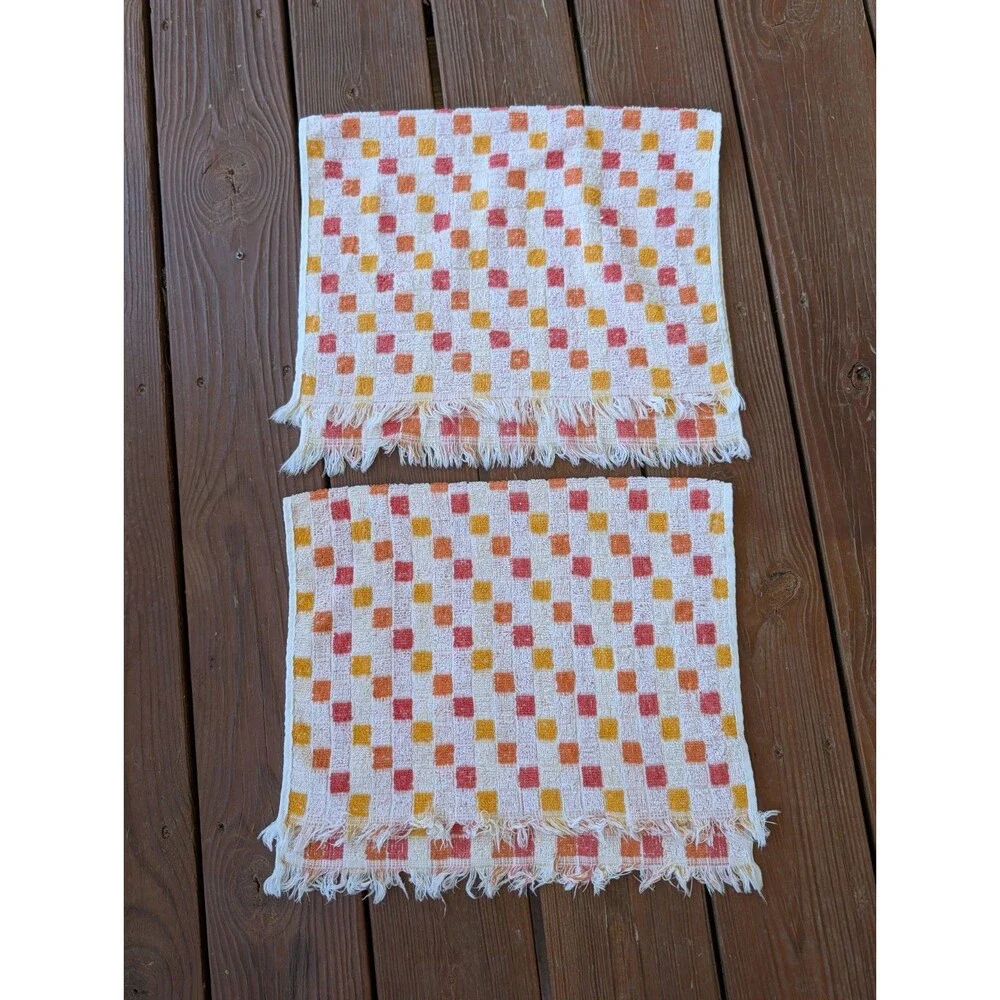 Vintage MCM 60s Hand Towels (2) Retro Red Orange Yellow Kitchen Bathroom 26x15.5